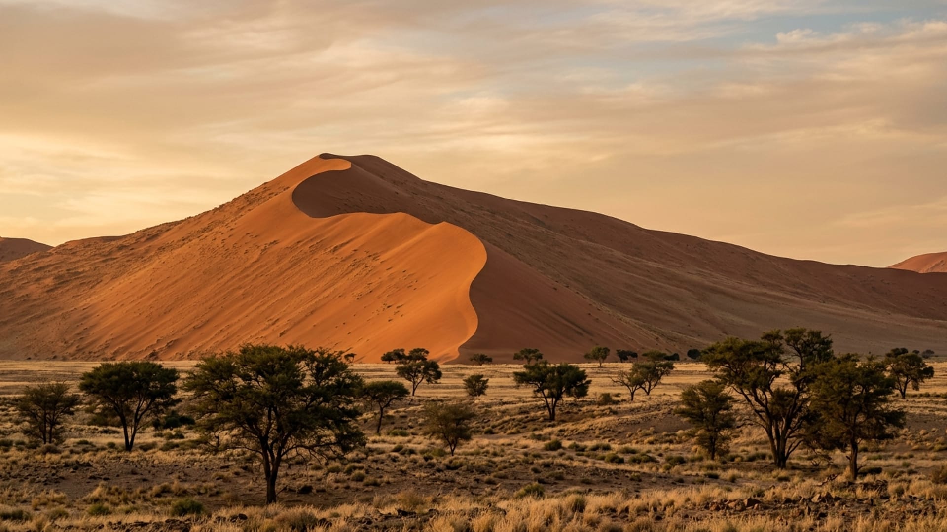 Red sand dunes and acacia trees in the Namibian desert at golden hour